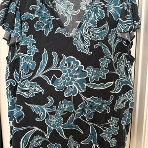 CeCe Teal and Black Floral V-Neck Blouse
